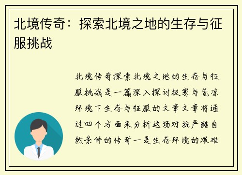 北境传奇：探索北境之地的生存与征服挑战